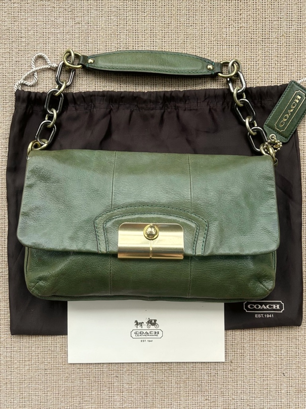 Coach Green Leather Shoulder Bag with Gold Turnlock